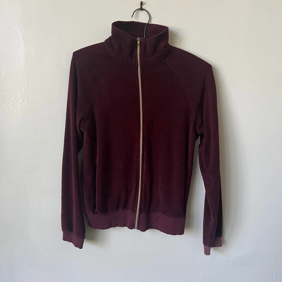 Vintage Velour Burgundy and Tan Track Jacket 1980’s 80’s Velour Sweatshirt - Picture 2 of 8